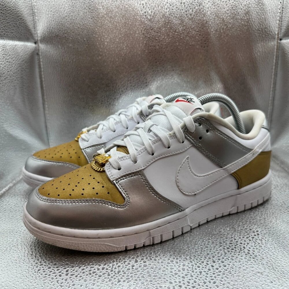 Size 9.5 Nike‎ Dunk Low Womens Gold White Silver Athletic Sneakers DH4403-700 - Picture 6 of 11